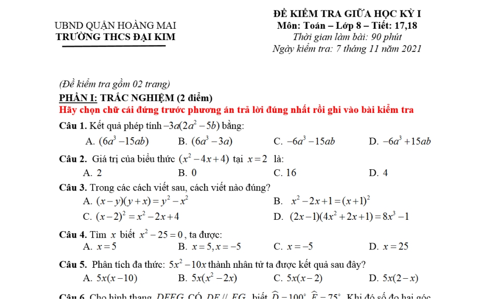 Toán 8: Đề kiểm tra giữa học kỳ 1. Trường THCS Đại Kim năm học 2021-2022